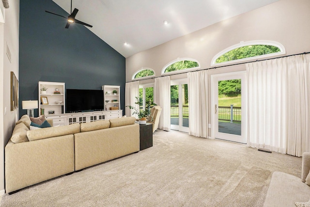 2032 Dean Dr, Washington, MI 48094 - carpeted living area featuring high vaulted ceiling and ceiling fan