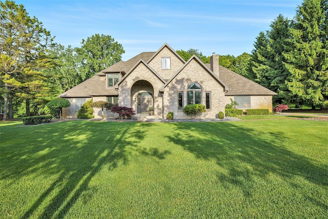2032 Dean Dr, Washington, MI 48094 - french provincial home with a chimney, a front yard, brick siding, and a shingled roof