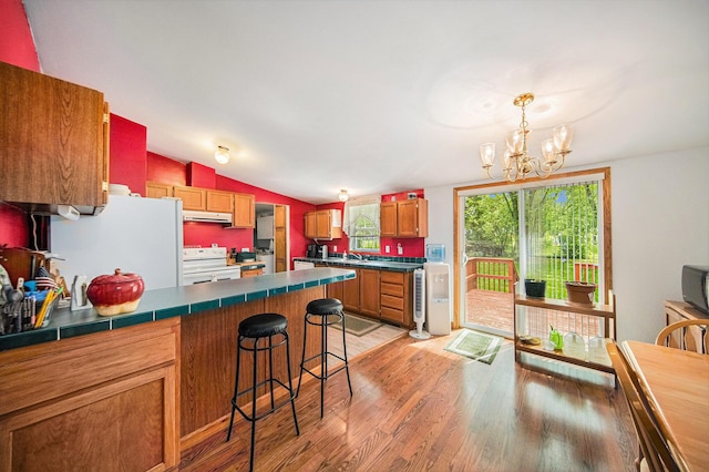 149 Hall St, Michigan Center, MI 49254 - kitchen featuring white appliances, vaulted ceiling, light wood-style flooring, exhaust hood, and a chandelier