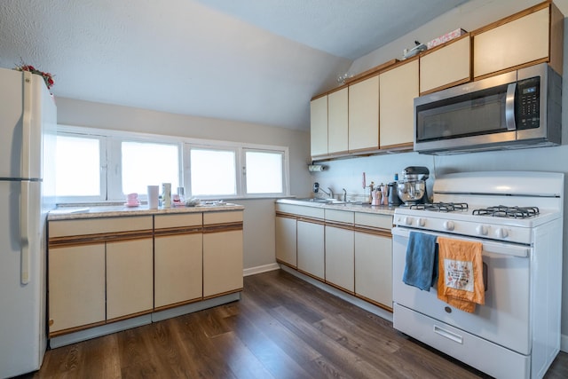 1007 Ionia Ave SW, Grand Rapids, MI 49507 - kitchen featuring white appliances, light countertops, a sink, dark wood-style floors, and lofted ceiling