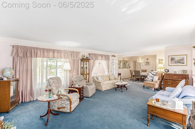 15025 Kipke, Redford, MI 48239 - carpeted living room with a chandelier and ornamental molding