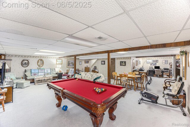15025 Kipke, Redford, MI 48239 - recreation room featuring a paneled ceiling, carpet floors, and pool table
