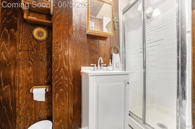15025 Kipke, Redford, MI 48239 - bathroom with a shower stall, wooden walls, vanity, and toilet
