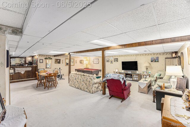 15025 Kipke, Redford, MI 48239 - living room with a paneled ceiling, billiards table, and carpet