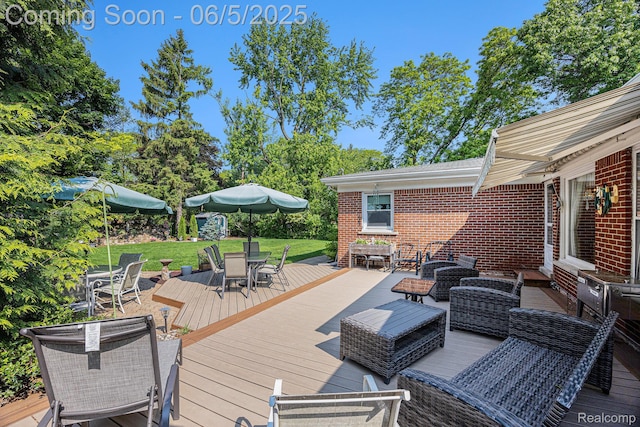 15025 Kipke, Redford, MI 48239 - wooden terrace with outdoor dining area, a yard, and outdoor lounge area