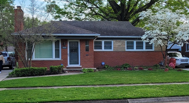 21406 Broadstone St, Harper Woods, MI 48225 - bungalow with brick siding, a chimney, entry steps, a front lawn, and a shingled roof