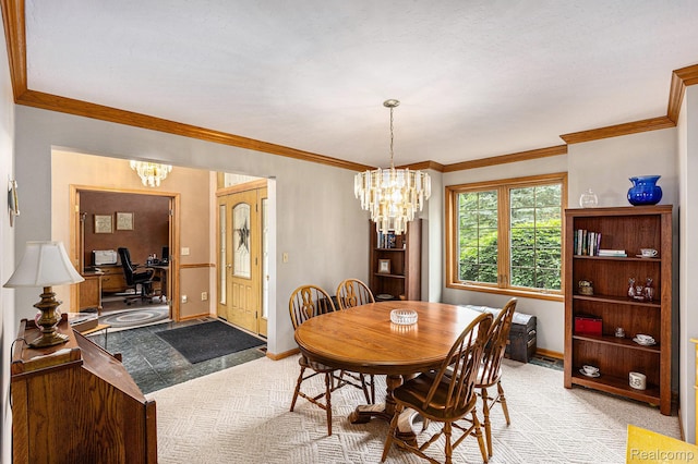 1437 Rillview Ct, Metamora, MI 48455 - dining room with a chandelier, baseboards, crown molding, and a desk