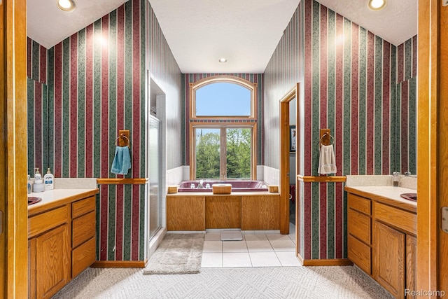 1437 Rillview Ct, Metamora, MI 48455 - bathroom with wallpapered walls, a bath, vanity, tile patterned floors, and a shower stall