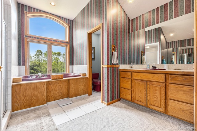 1437 Rillview Ct, Metamora, MI 48455 - full bathroom with wallpapered walls, vanity, toilet, tile patterned floors, and recessed lighting