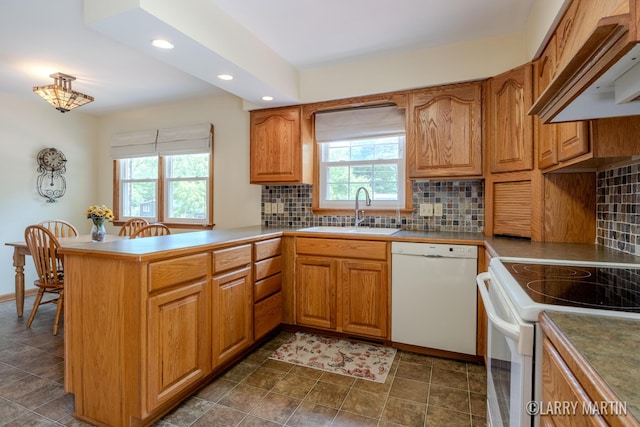 2153 Greenview Ct SW, Wyoming, MI 49519 - kitchen with white appliances, a sink, plenty of natural light, recessed lighting, and under cabinet range hood