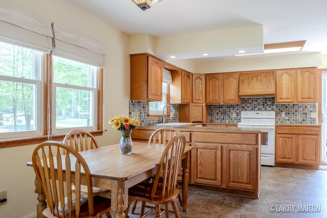 2153 Greenview Ct SW, Wyoming, MI 49519 - kitchen with white range with electric stovetop, tasteful backsplash, recessed lighting, a peninsula, and a sink