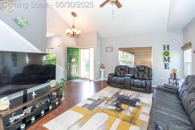 2062 Preserve Cir W, Canton, MI 48188 - living room featuring ceiling fan, wood finished floors, lofted ceiling, a chandelier, and baseboards
