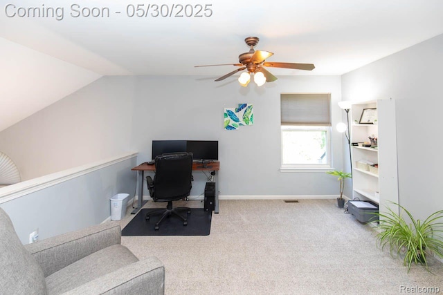 2062 Preserve Cir W, Canton, MI 48188 - carpeted office featuring a ceiling fan, vaulted ceiling, and baseboards