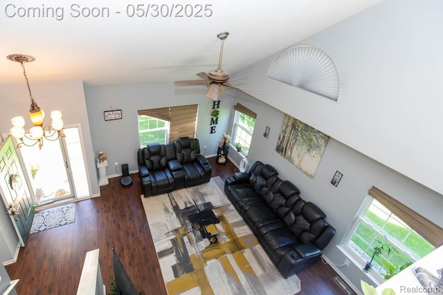 2062 Preserve Cir W, Canton, MI 48188 - living room featuring a chandelier, a ceiling fan, wood finished floors, and baseboards