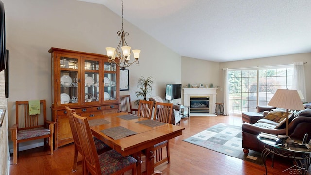 17 E Drake Dr, Saginaw, MI 48603 - dining room featuring a chandelier, light wood-style floors, lofted ceiling, and a glass covered fireplace