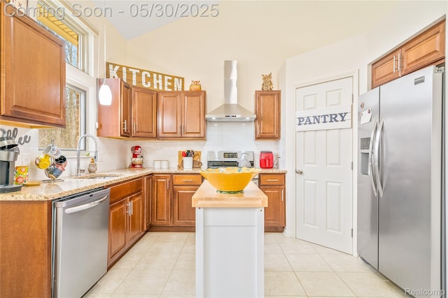 454 Breakwater, Belleville, MI 48111 - kitchen with stainless steel appliances, wall chimney exhaust hood, backsplash, a sink, and light tile patterned floors