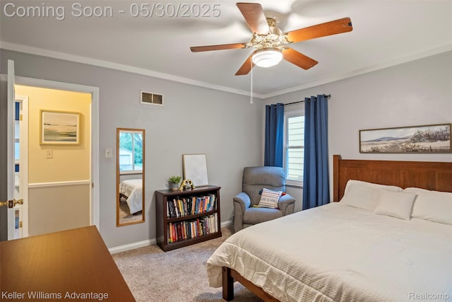 22810 Lilac St, Farmington, MI 48336 - bedroom with light colored carpet, baseboards, a ceiling fan, and ornamental molding