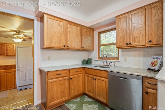 22810 Lilac St, Farmington, MI 48336 - kitchen featuring dishwasher, a sink, decorative backsplash, light stone countertops, and ceiling fan