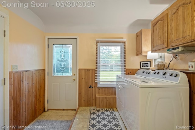 22810 Lilac St, Farmington, MI 48336 - laundry room with wainscoting, washer and clothes dryer, cabinet space, wooden walls, and light tile patterned flooring