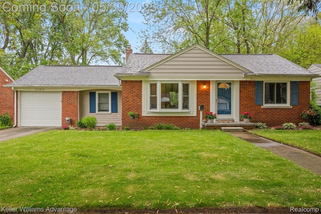 22810 Lilac St, Farmington, MI 48336 - view of front of house with an attached garage, asphalt driveway, a chimney, brick siding, and a front yard