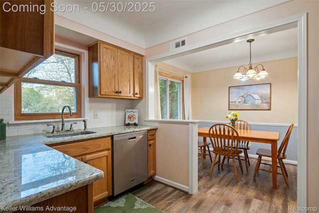 22810 Lilac St, Farmington, MI 48336 - kitchen featuring stainless steel dishwasher, a sink, dark wood-type flooring, tasteful backsplash, and baseboards