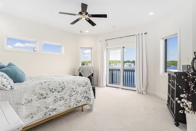 9077 24th Ave, Jenison, MI 49428 - bedroom featuring access to exterior, light colored carpet, baseboards, recessed lighting, and ceiling fan