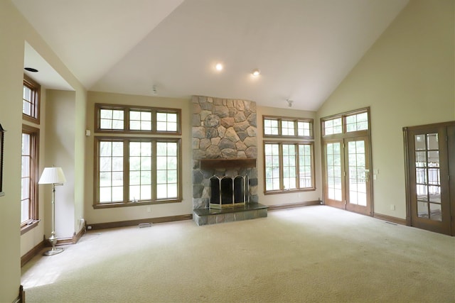 10466 W Farrand Rd, Montrose, MI 48457 - unfurnished living room featuring high vaulted ceiling, healthy amount of natural light, carpet flooring, and baseboards