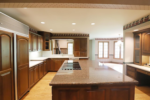 10466 W Farrand Rd, Montrose, MI 48457 - kitchen with paneled refrigerator, a sink, a kitchen island, black electric stovetop, and glass insert cabinets