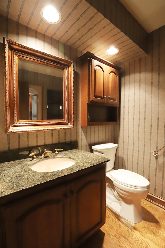 10466 W Farrand Rd, Montrose, MI 48457 - bathroom featuring wood finished floors, wallpapered walls, vanity, and toilet