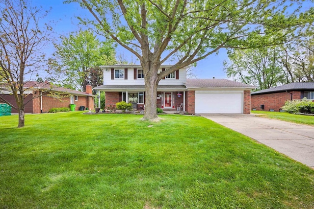 39582 Tunstall St, Clinton Township, MI 48038 - traditional home with a garage, brick siding, concrete driveway, a front yard, and a porch