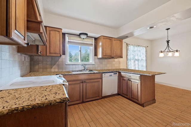 4603 Hedgewood, Bloomfield Hills, MI 48301 - kitchen with white dishwasher, a sink, a peninsula, brown cabinets, and backsplash