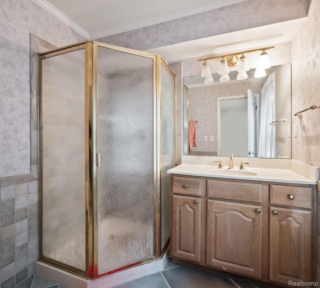 4603 Hedgewood, Bloomfield Hills, MI 48301 - bathroom with vanity, a shower stall, and ornamental molding