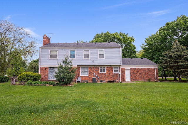4603 Hedgewood, Bloomfield Hills, MI 48301 - rear view of property with a chimney, a lawn, brick siding, and central air condition unit
