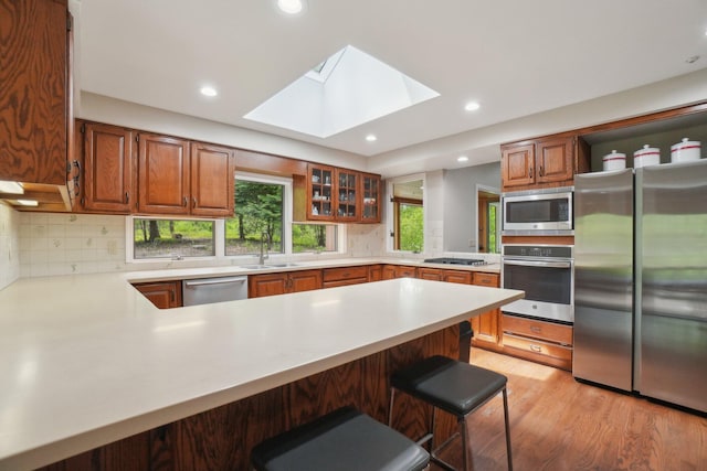 3805 Penberton Ct, Ann Arbor, MI 48105 - kitchen featuring appliances with stainless steel finishes, a peninsula, a sink, light countertops, and a skylight