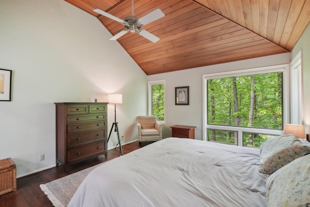 3805 Penberton Ct, Ann Arbor, MI 48105 - bedroom with lofted ceiling, wood ceiling, baseboards, dark wood-style floors, and ceiling fan