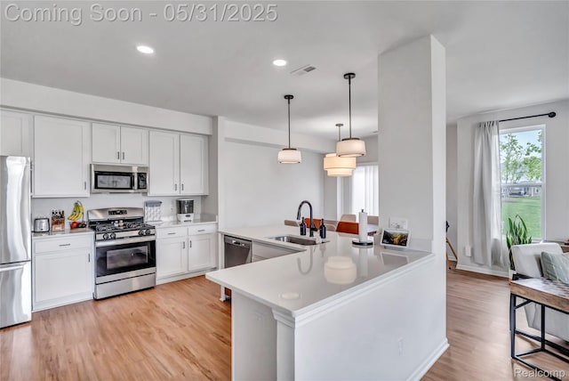 8811 Pioneer St, Washington, MI 48094 - kitchen with stainless steel appliances, a sink, light wood-style flooring, white cabinets, and light countertops