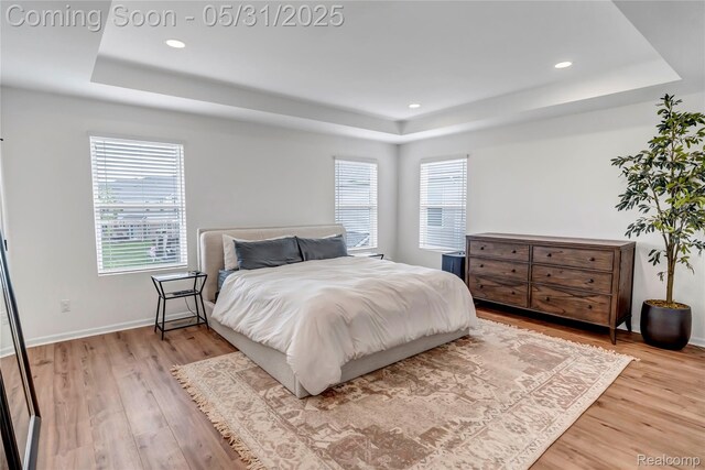 8811 Pioneer St, Washington, MI 48094 - bedroom featuring a tray ceiling, light wood-style floors, recessed lighting, and baseboards