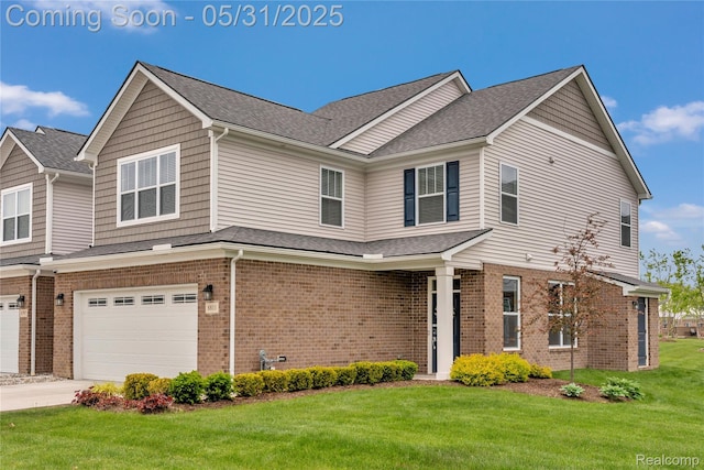 8811 Pioneer St, Washington, MI 48094 - view of front facade with brick siding, a front yard, an attached garage, and roof with shingles