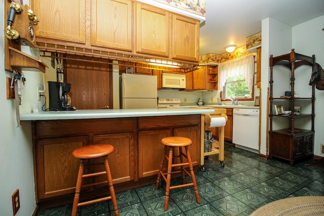 21729 Pinhook Rd, Mendon, MI 49072 - kitchen featuring white appliances, open shelves, dark flooring, a peninsula, and light countertops