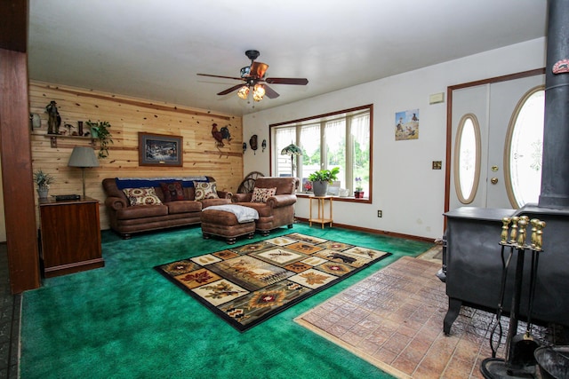 21729 Pinhook Rd, Mendon, MI 49072 - carpeted living room with ceiling fan and wood walls