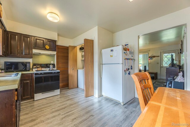 34043402 Appomattox Dr, Port Huron, MI 48060 - kitchen with white appliances, under cabinet range hood, dark brown cabinetry, light wood-type flooring, and light countertops