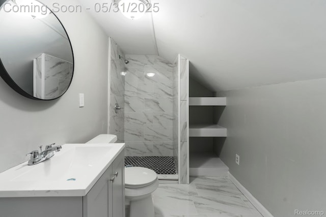 16565 Winston St, Detroit, MI 48219 - full bathroom featuring toilet, vanity, a marble finish shower, lofted ceiling, and baseboards