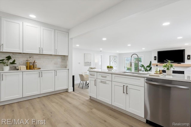 31111 Angeline Ct E, Saint Clair Shores, MI 48082 - kitchen featuring stainless steel dishwasher, a sink, recessed lighting, backsplash, and white cabinets
