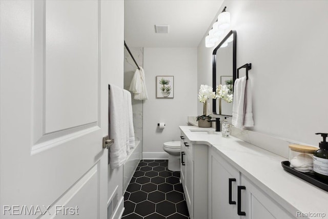 31111 Angeline Ct E, Saint Clair Shores, MI 48082 - bathroom with vanity, tile patterned flooring, toilet, shower / bathtub combination with curtain, and baseboards