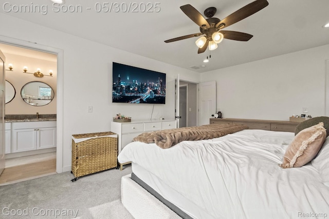 2520 Ellwood Ave, Berkley, MI 48072 - bedroom with light carpet, ensuite bathroom, a sink, ceiling fan, and recessed lighting