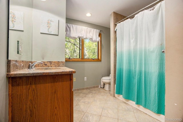 1295 Kern Rd, Oakland, MI 48363 - full bath with vanity, toilet, baseboards, curtained shower, and tile patterned flooring