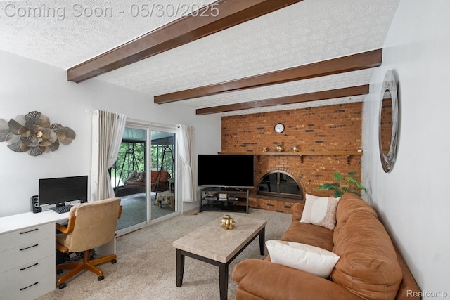 9495 Continental Dr, Taylor, MI 48180 - living area with light carpet, beam ceiling, an office area, a textured ceiling, and a brick fireplace