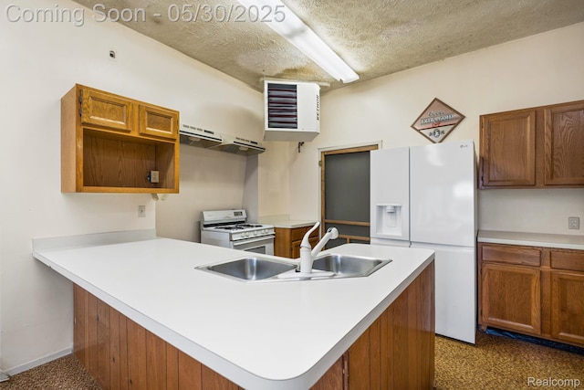 9495 Continental Dr, Taylor, MI 48180 - kitchen featuring white appliances, a sink, under cabinet range hood, light countertops, and a textured ceiling