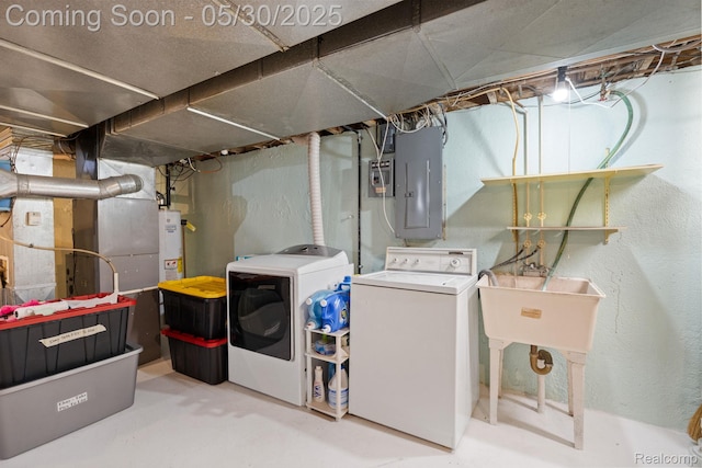 9495 Continental Dr, Taylor, MI 48180 - unfinished basement featuring electric panel, washing machine and clothes dryer, and a sink