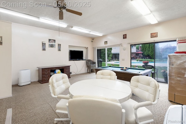 9495 Continental Dr, Taylor, MI 48180 - living room with ceiling fan, carpet floors, billiards table, and a textured ceiling